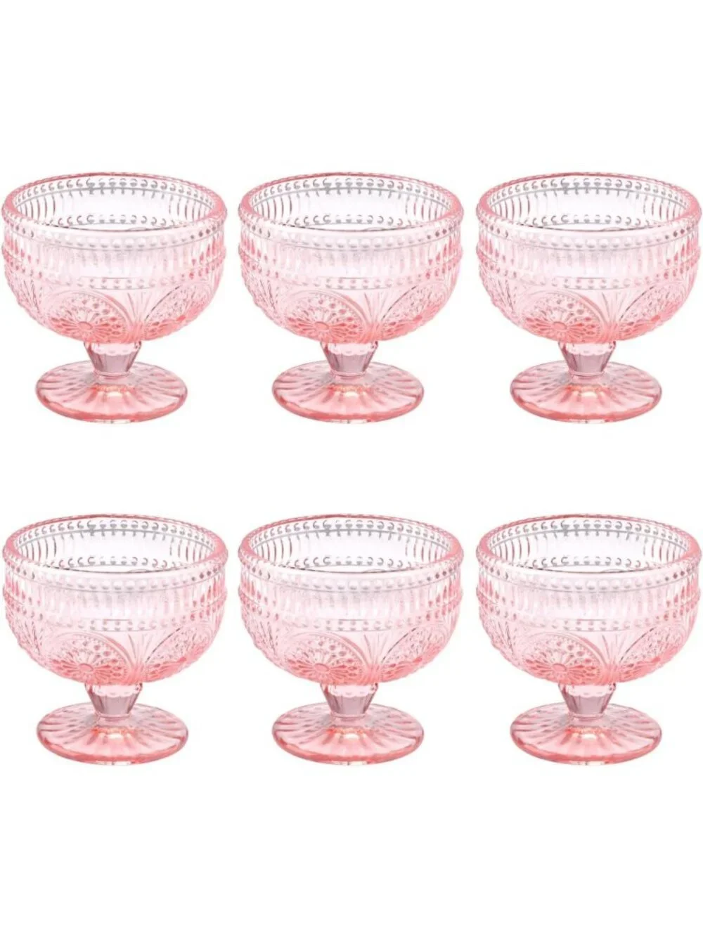 Vintage Pink Embossed Glass Dessert Bowls Set of 6 - Perfect for Ice Cream